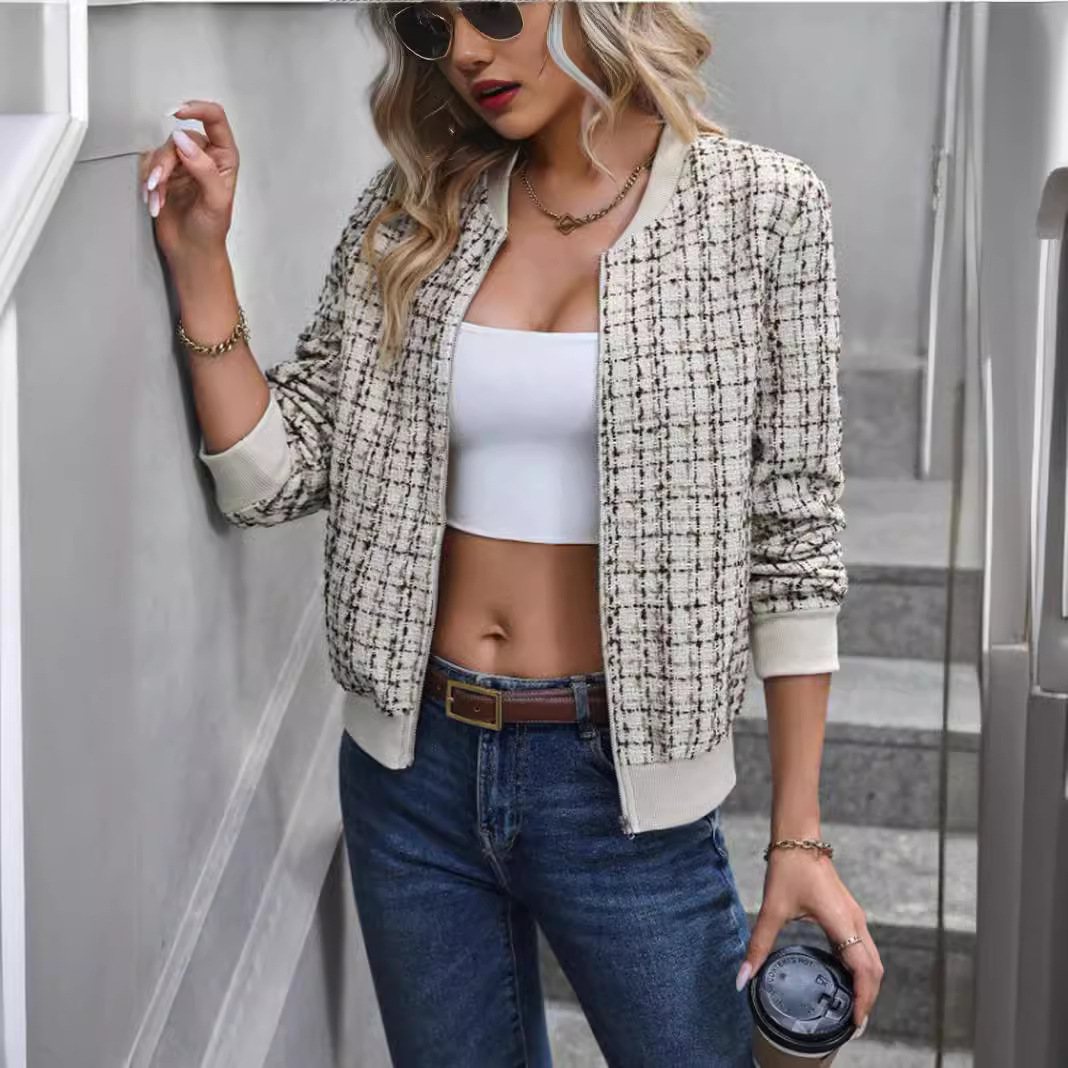 Damenbekleidung, neue Herbst-Langarm-Reißverschluss-verzierte Strickjacke, bedruckte Jacke, kleine Jacke_voghion.com