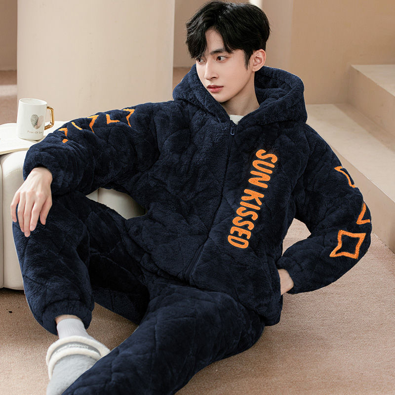 Autumn and Winter Coral Velvet Pajamas for Men, Three-Layer Quilted Cotton, Fleece-Lined, Thickened, Large Size, 2026 New Style, Warm Home Wear