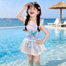 2026夏季新款中小童泳衣美人鱼儿童连体裙式纱裙可爱公主女孩泳衣