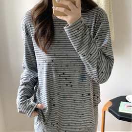 韩国ins女士春秋季韩系针织条纹繁星圆领套头家居服睡衣套装批发