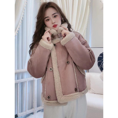150 Short Women's Collar-Padded Short Jacket Autumn/Winter Thick Top Coat Warm Leather-Fur Integrated Motorcycle Suit