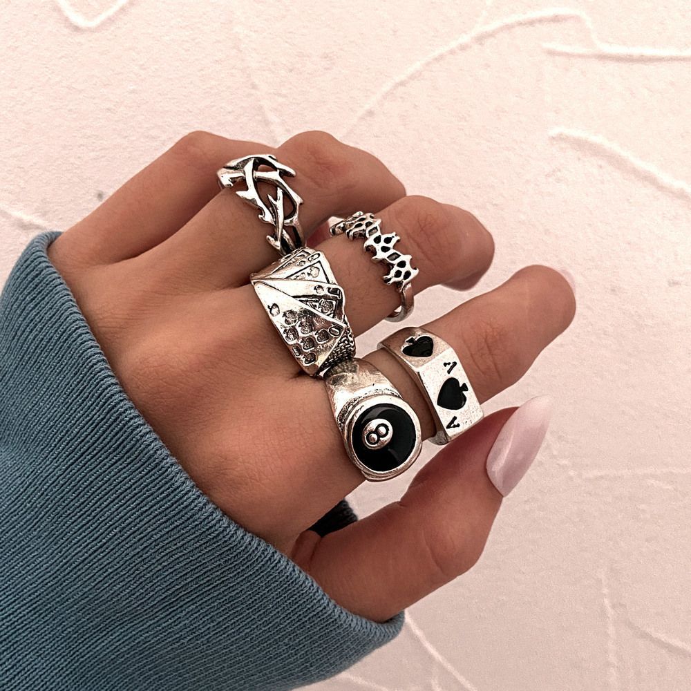 Cross-Border Playing Card Ring Retro Ace of Spades Card Ring Female Creative Stylish Joint Ring Set 5-Piece Set Wholesale
