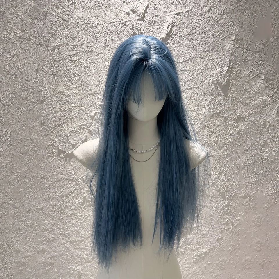 Parrucca blu Koni da donna - Parrucca lunga dall'aspetto naturale con frangia e capelli lisci per cosplay e moda