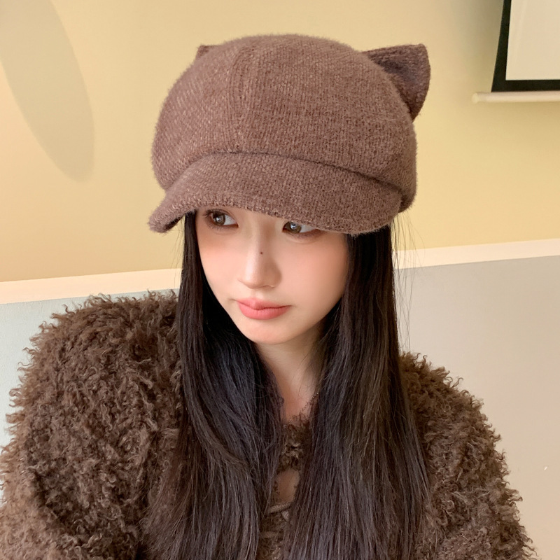 新款韩版秋冬帽子女款鸭舌八角帽猫耳朵防风保暖显脸小百搭大帽檐|undefined