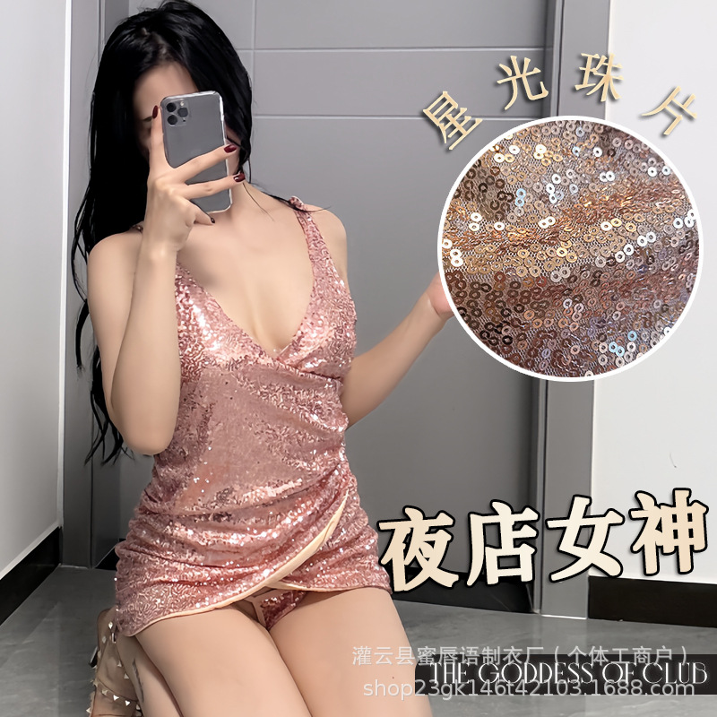 Sexy Underwear Sequins Deep V-neck Strap Cross Breasts Leak Ultra-short dress Sexy Night Shop Women's Low-cut Evening Dress