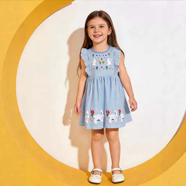 2026 Summer Girls' Dress Children's Clothing European and American Style Fashionable Rabbit Embroidered Dress Knitted Cotton Children's Sleeveless Princess Dress