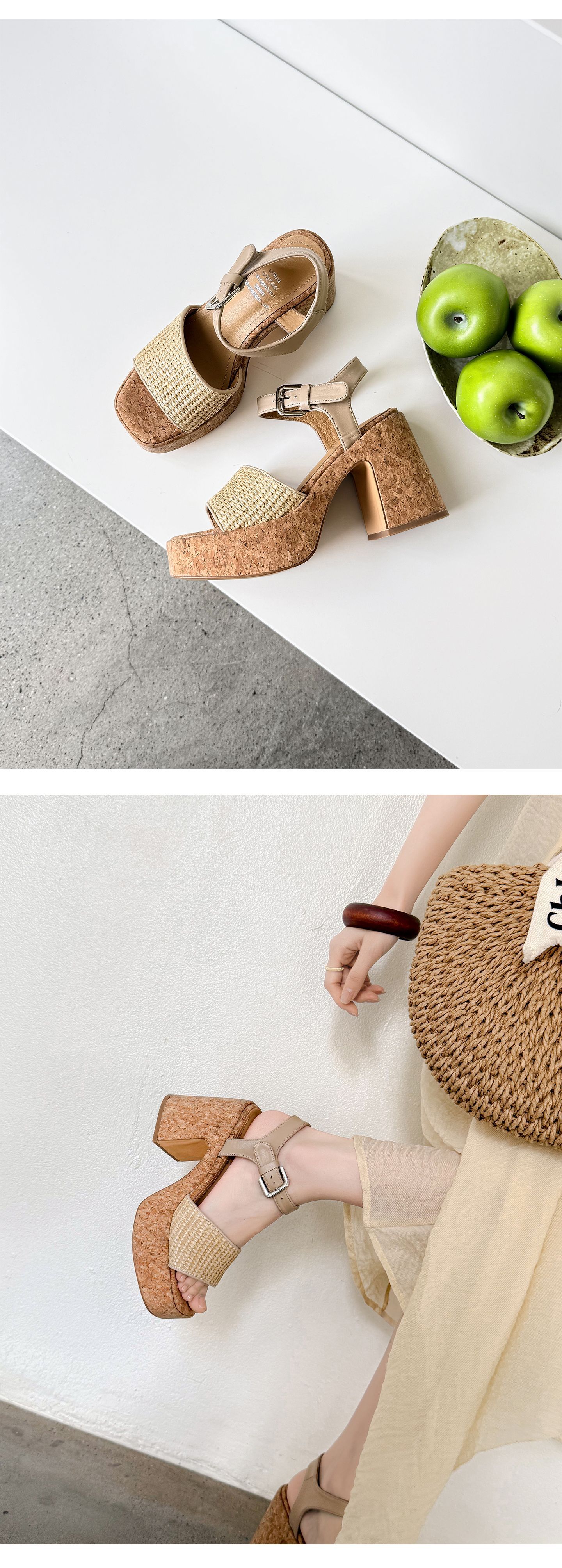 Sandal nữ quai ngang đan dây, đế dày, gót thô cao, hở mũi phong cách nghỉ dưỡng — màu trắng ngà, màu mơ chi tiết 9