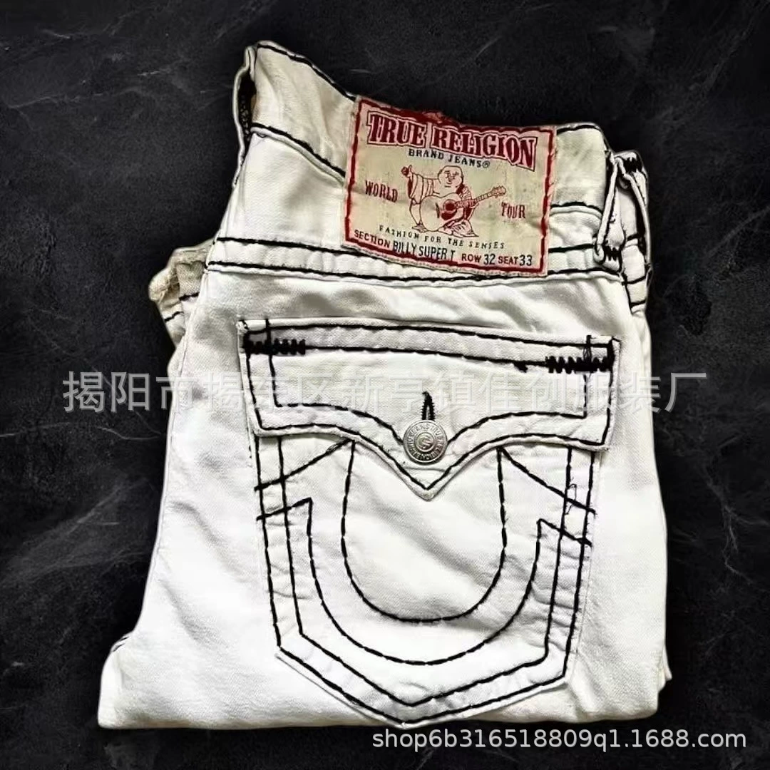 Трансграничная внешняя торговля, модные универсальные американские ретро весенне-осенние новые джинсы для мужчин и женщин, белые прямые брюки с толстой линией