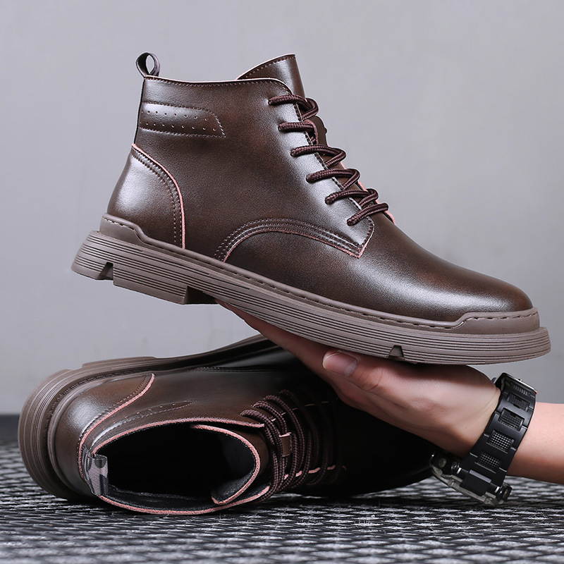 Winter Cotton Shoes Korean Fashionable Casual All-match High-top Leather Shoes Men's Fleece-lined Warm Outdoor Short Boots Martin Boots Men