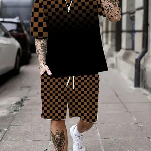 Cross-border 2025 nuevo estilo Amazon europeo y americano degradado de color manga corta cuello redondo camiseta pantalones cortos traje ME5 MA04