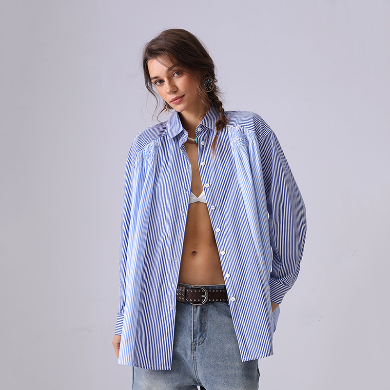 Europa y América comercio exterior ropa de mujer nueva camisa de algodón a rayas de manga larga mujer sensación de diseño suelto nicho universal blusa delgada
