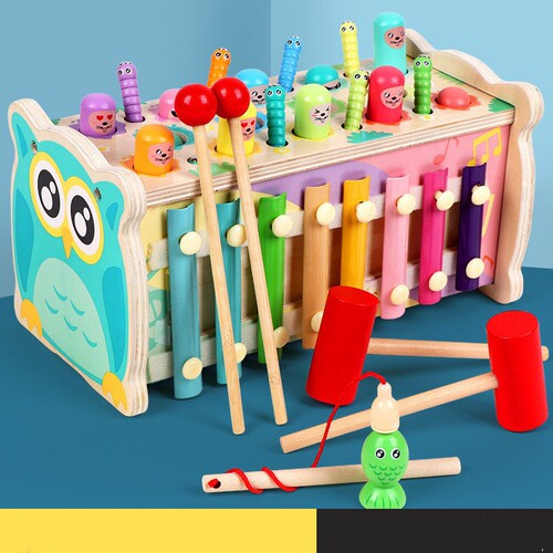 Wooden early education fire truck cartoon animal fishing and catching insects and whack-a-mole baby knock-knock building blocks tractor toy