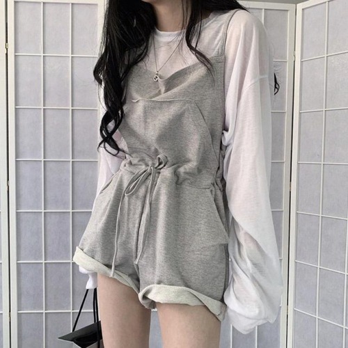 Korean chic elegant temperament casual waist loose shorts overalls + long-sleeved chiffon top bottoming T-shirt