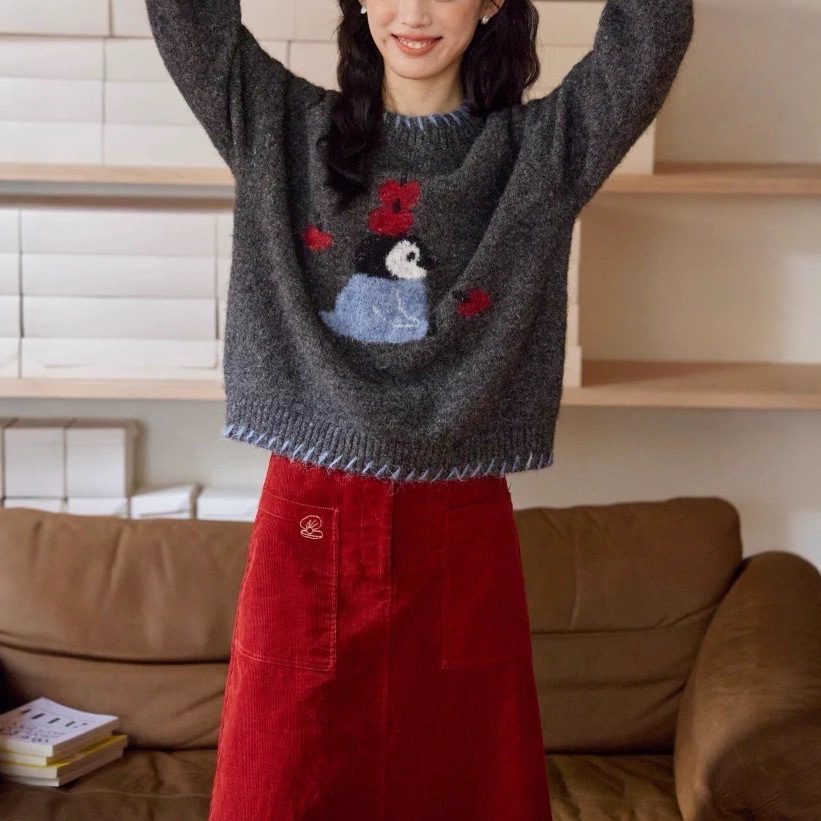 羊毛混纺企鹅刺绣套头加厚毛衣女慵懒风新款冬季