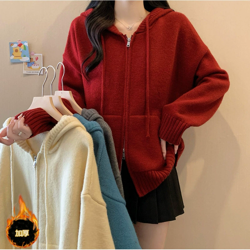 Женский вязаный свитер-пальто больших размеров на осень-зиму 2024 года, с капюшоном, двойной молнией, утепленный, элегантный.