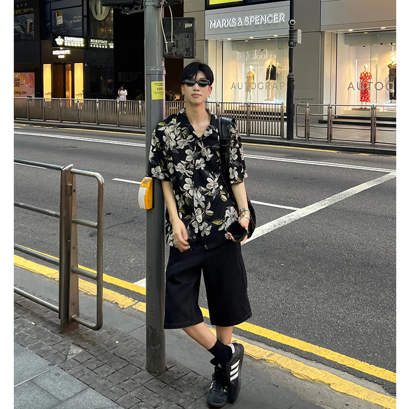 vintage Full Printed Short-Sleeved Shirt Men's Summer Baroque Half-Shirt High-Style Seaside Wear Coat