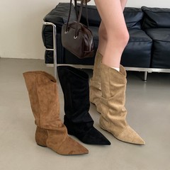 内增高绒面褶皱堆堆靴女2025秋冬新款尖头西部牛仔靴翻领中筒靴女