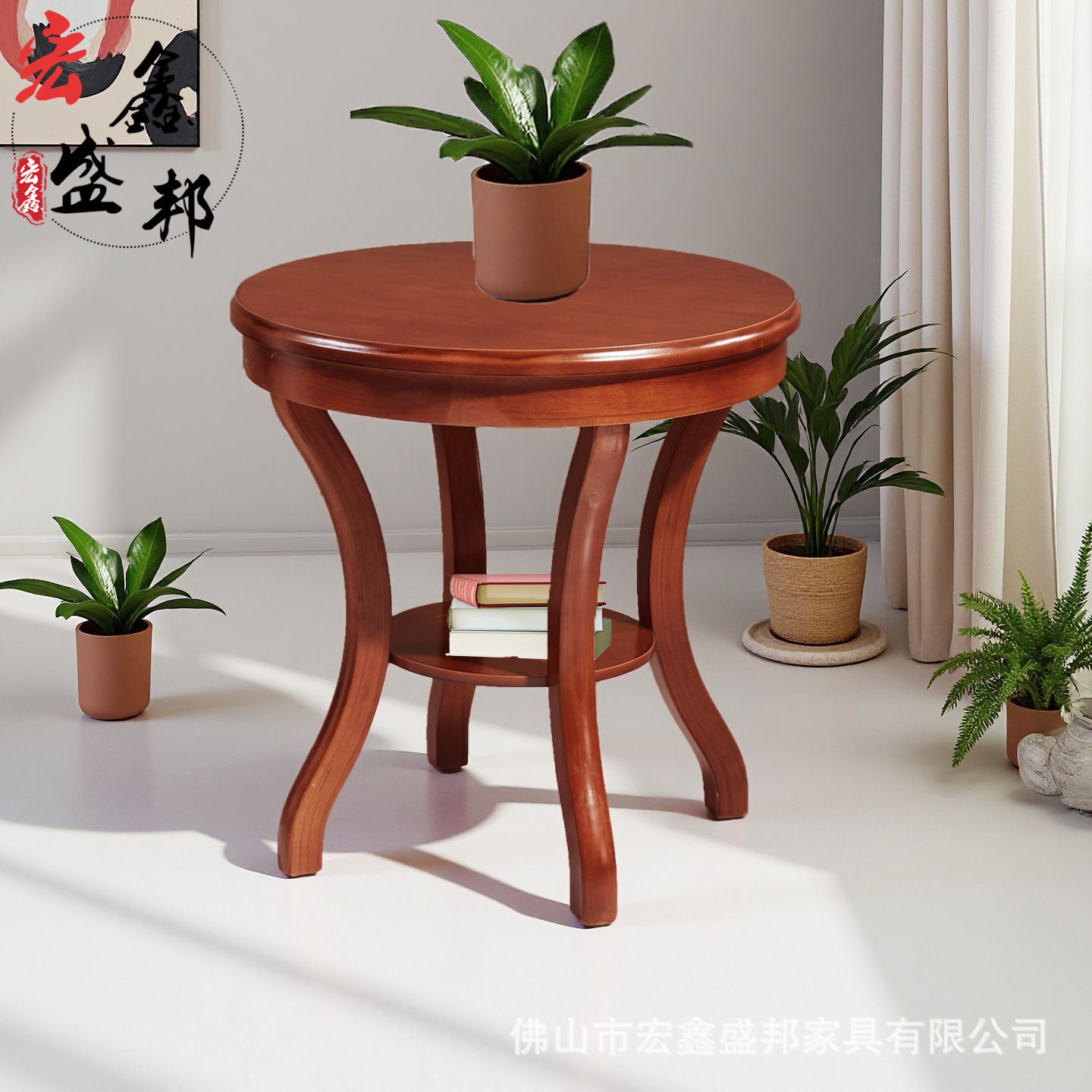 Solid Wood Small Coffee Table, Simple Side Cabinet, Double-Layer Round Small Table, American-Style Living Room Sofa Side Table, Corner Table, Chinese-Style Round Table