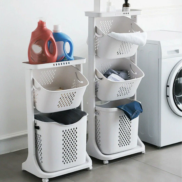 Классификация ванной комнаты Корзина для грязной одежды Пластиковая большая мобильная корзина для хранения Корзина для белья Тележка