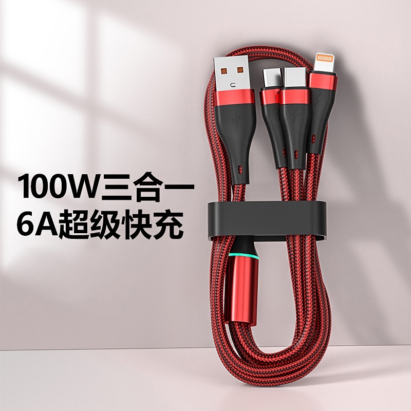 Cable de carga tres en uno, uno a tres, carga súper rápida de 120W para teléfonos Android de tipo C de Apple Huawei