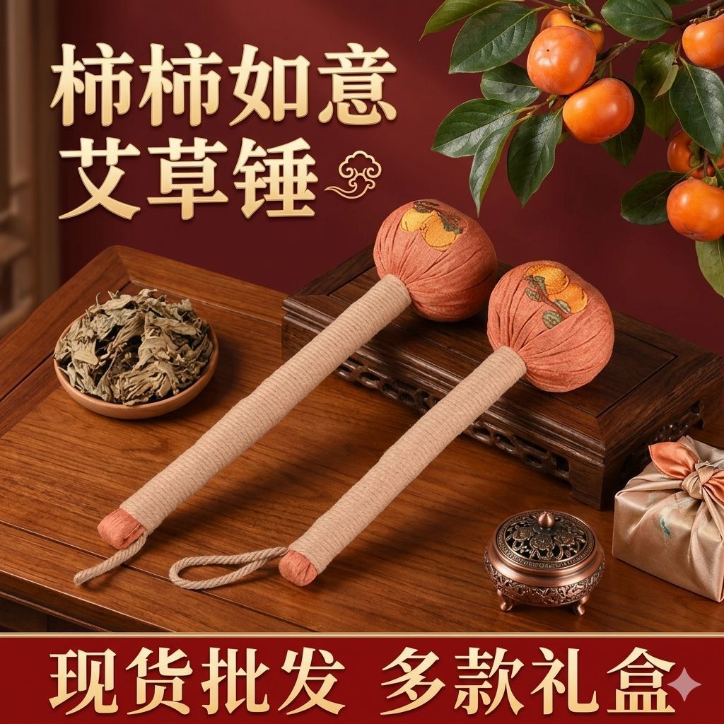 艾草经络锤柿柿如意艾草锤缎面艾草锤按摩敲打全身节日伴手礼批发