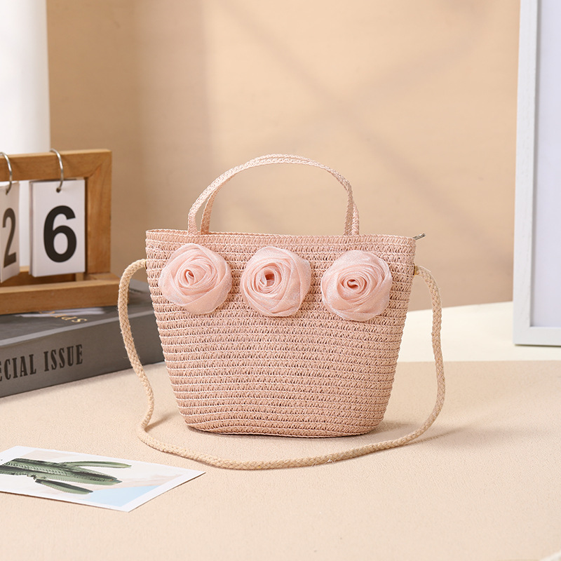 Straw Material Women's Straw Color Block Flower Vacation Beach Weave Square Zipper Straw Bag