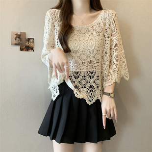 Vintage Crochet Knitted Shirt Hollow Blouse Women's Summer 2024 plus size Loose All-match Sunscreen Top Pullover Outer