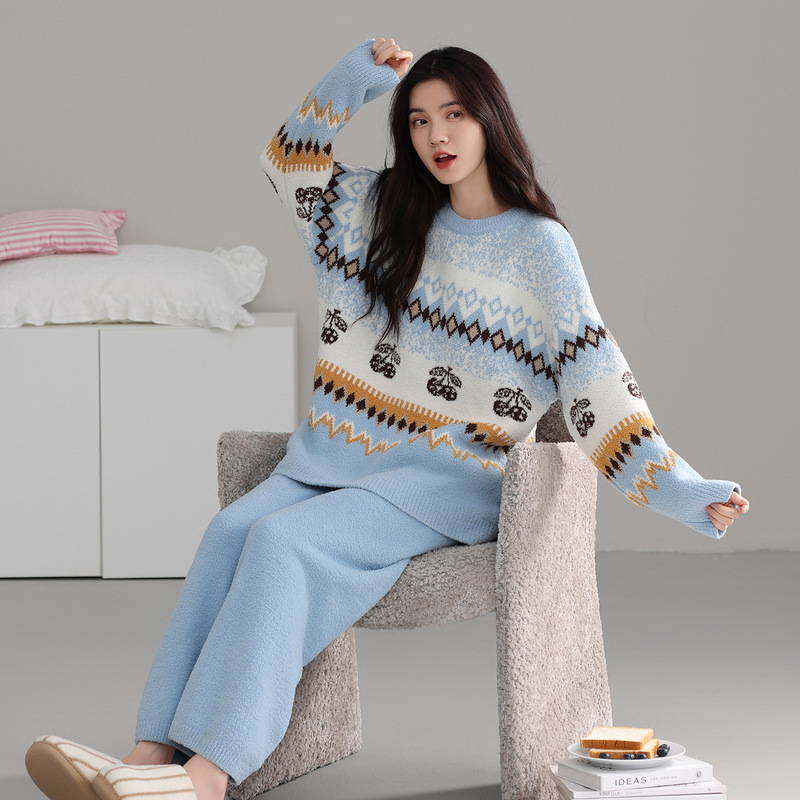 Autumn and Winter Women's Pajamas Round Neck Half Velvet Retro Knitted Pullover Long-Sleeved Pants Autumn and Winter Home Clothes Thickeneded and Warm