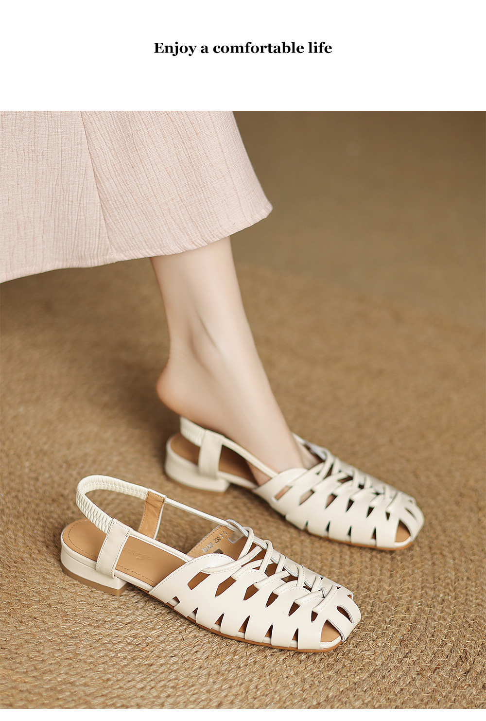 Dép sandal nữ da bò đế bệt dệt rỗng kiểu retro La Mã — đen chi tiết 9