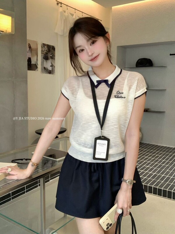 【Bamboo Linen Wash】Embroidered Bowknot Polo Collar Short-Sleeve Knit Shirt, Summer Loose Fit, Stylish and Versatile Top 【Bamboo Linen Wash】Embroidered Bowknot Polo Collar Short-Sleeve Knit Shirt, Summer Loose Fit, Stylish and Versatile Top