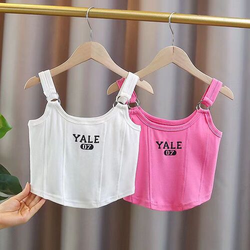Baby girl summer top, spaghetti straps, trendy kids fashion, personalized streetwear, Korean style letter patchwork, stylish Instagram influencer shirt