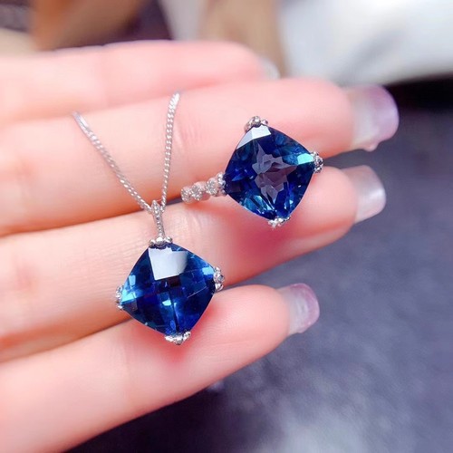 New Style Elegant Princess Cut Diamond London Blue Pendant Set with Topaz and Sapphires for Women, Adjustable Ring