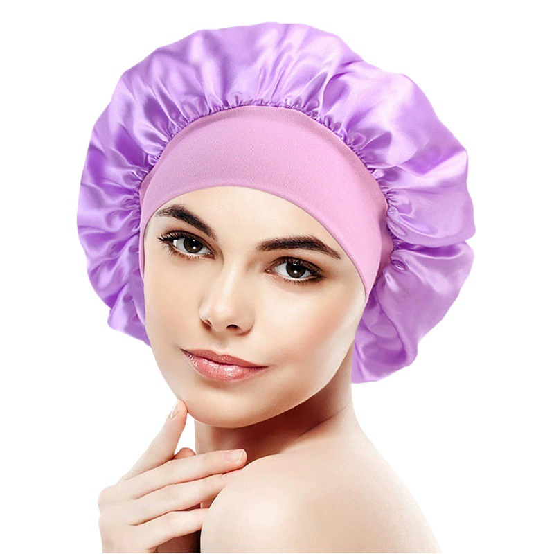 Большая эластичная широкополая Ночная шапочка из искусственного шелка шапочка для ухода за волосами Атласная шапочка для душа красота Парикмахерская TJM-301-2