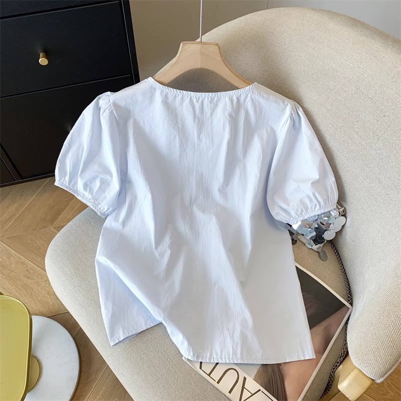 Áo sơ mi nữ tay bồng cổ tròn phong cách Hàn Quốc, dáng rộng xếp ly tôn dáng mùa hè — Màu xanh lam nhạt chi tiết 10