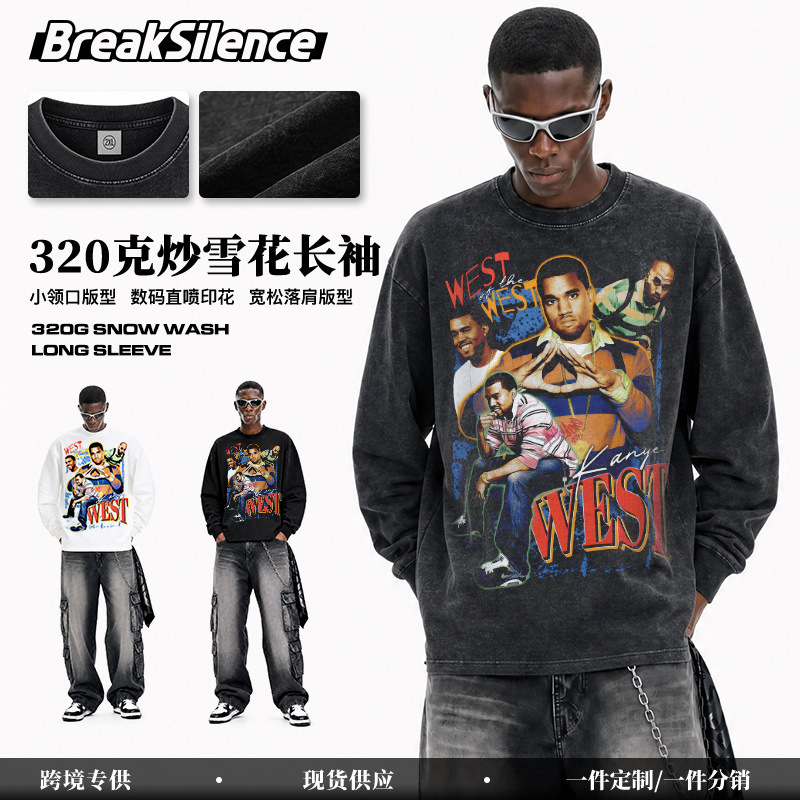 Retro long-sleeve T-shirt with Scarface movie digital direct-print design, loose-fitting, made of Xinjiang cotton, round-neck top for men, suitable for autumn and winter
