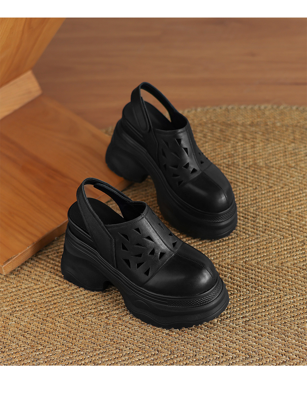 Giày sandal lỗ nữ đế xuồng platform cao 12 cm, bít mũi, dáng đế xốp nhẹ — đen, trắng chi tiết 14