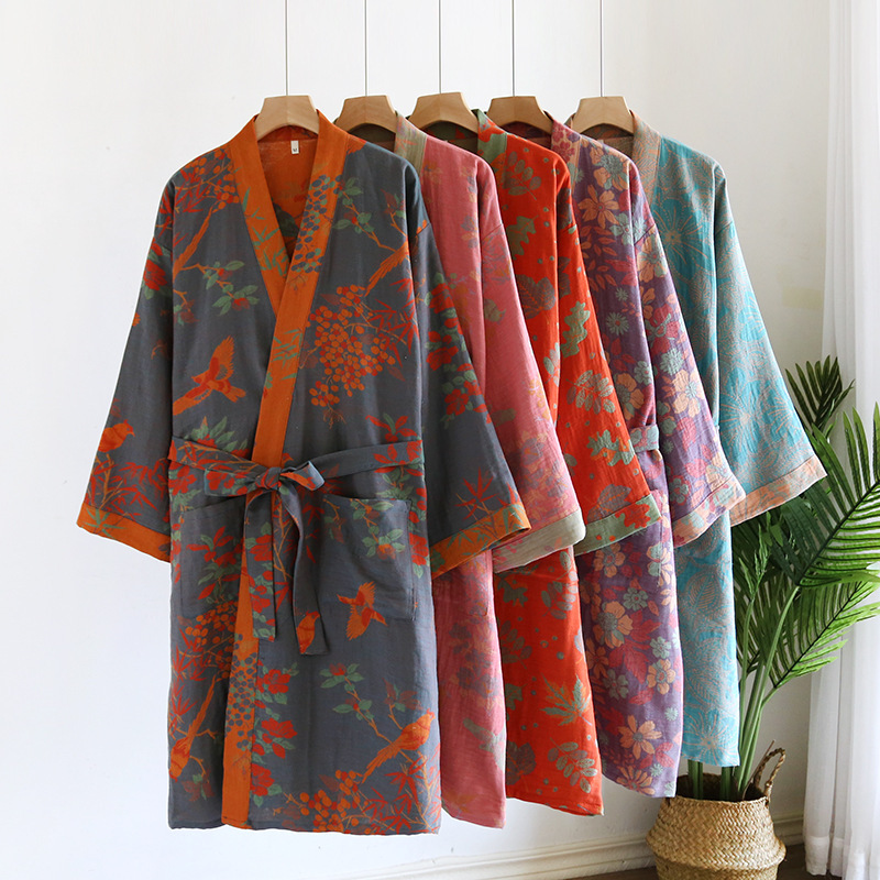 Pure Cotton Yarn-dyed Nightgown Women's Spring and Autumn Thin Vintage Jacquard Pajamas Bathrobe Japanese-style Kimono Sweatshirt Home Clothes