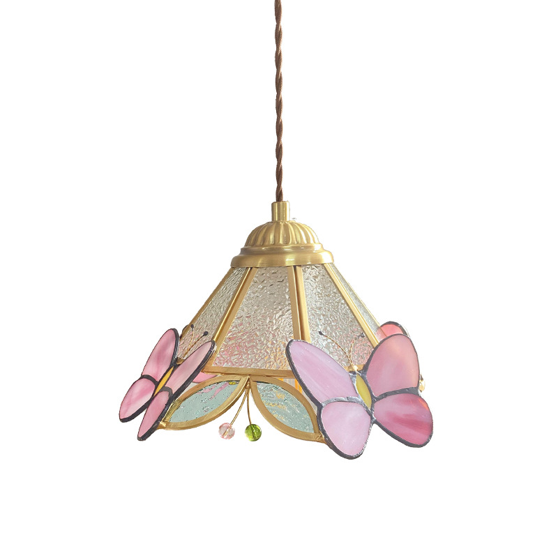 Retro latón hecho a mano vidrieras pequeña araña restaurante japonés caliente noche lámpara francesa Rosa lámpara de mariposa