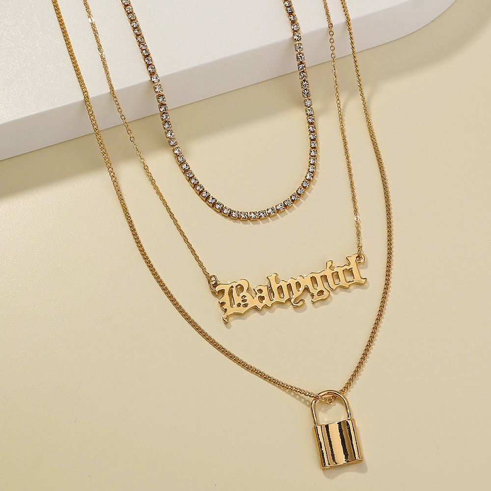 Fashion Simple Letter Lock Pendant Full Of Diamonds Multi-layer Necklace display picture 3