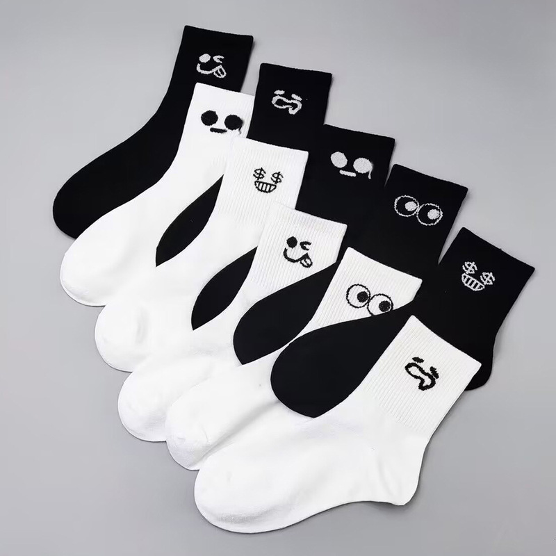 Wholesale Women's Mid-Calf Socks with Funny Expressions, Breathable Short Socks for Spring and Summer, Black and White Student Sports Socks