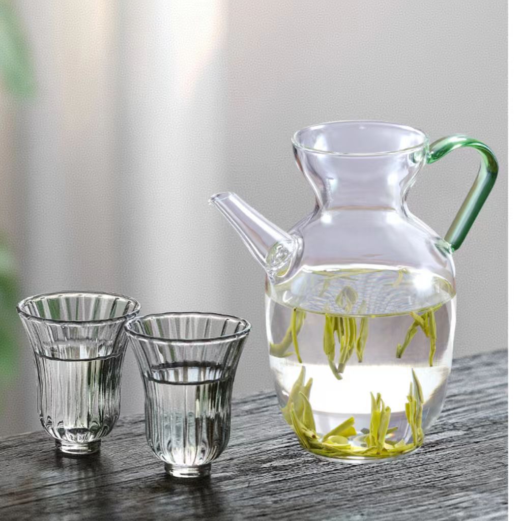Emerald green handle small morning green teapot + 2 flower god cups