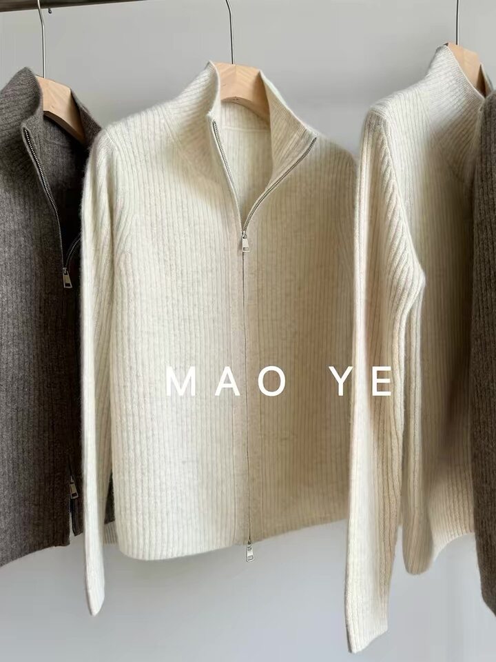 Áo khoác cardigan len lông cừu nguyên chất dài tay cổ bán cao, khóa kéo đôi, sọc gân dọc tôn dáng — Màu cà phê, Màu tự nhiên, màu đen
