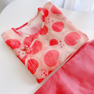 Girls' Hanfu Summer Children's Cheongsam Cotton Linen Chinese Retro Top and Pants Set Baby One-Year-Old Tang Suit Chinese Style