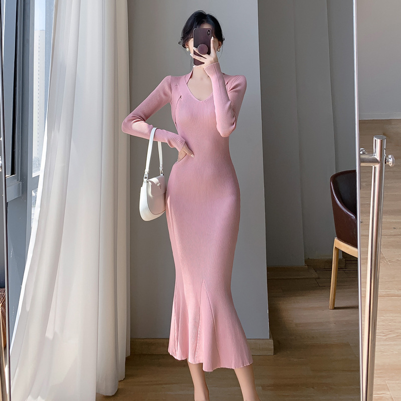 2023 slim fit tight sexy sheath super long sweater fishtail skirt long sleeve bottoming knitted dress women's autumn and winter