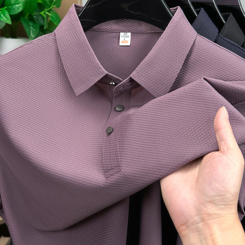 Cross-Border Men's Seamless Nylon Polo Shirt, Fashionable Turn-Down Collar Short-Sleeve Ice Silk Thin Top for Middle-Aged Men
