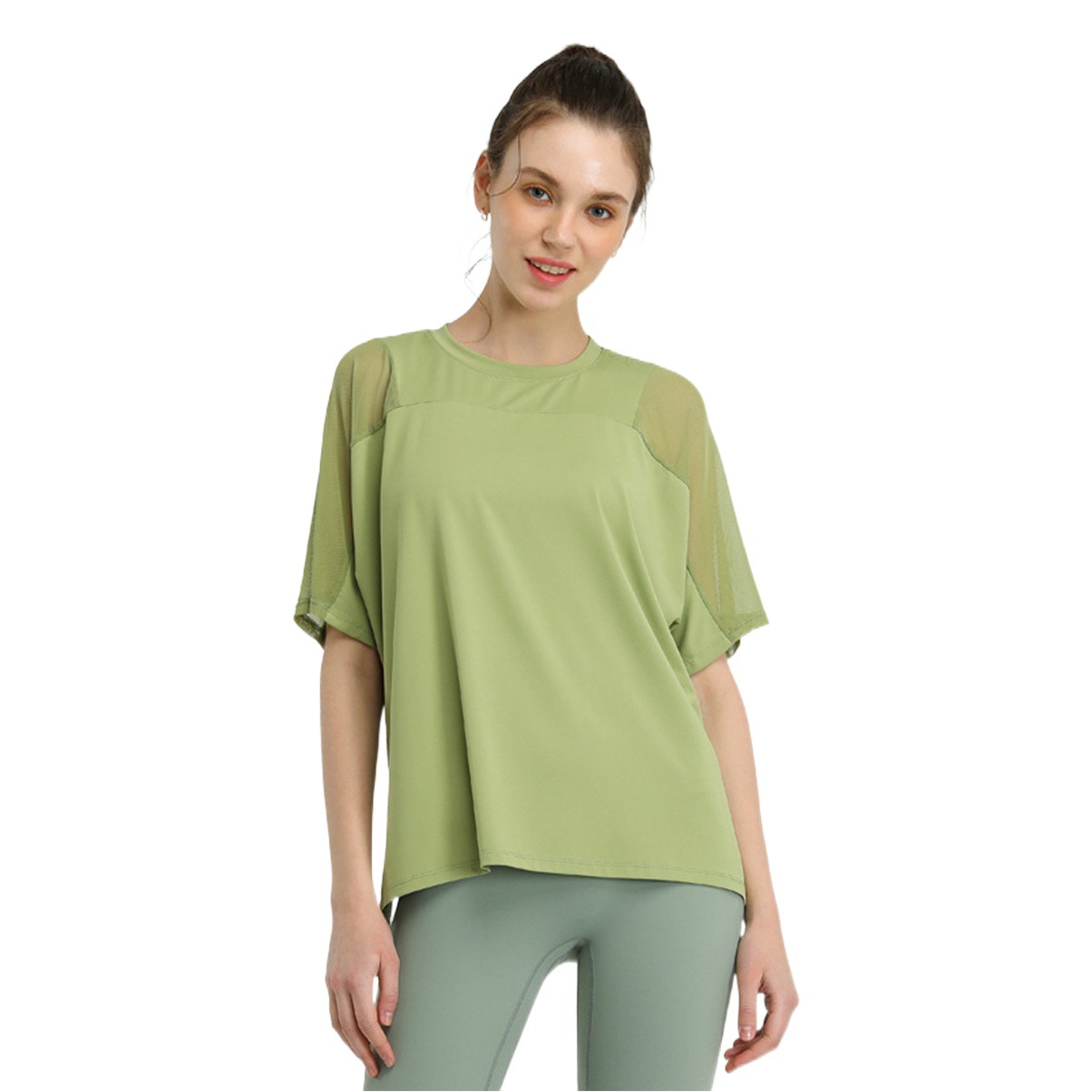 Europea y americana de secado rápido cadera-cubierta suelta correr blusa camiseta malla costura deportes manga corta fitness yoga ropa para mujeres verano