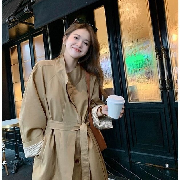 都市浪漫~英伦风垂感宽松显瘦风衣外套女小个子休闲大衣卡其色|undefined