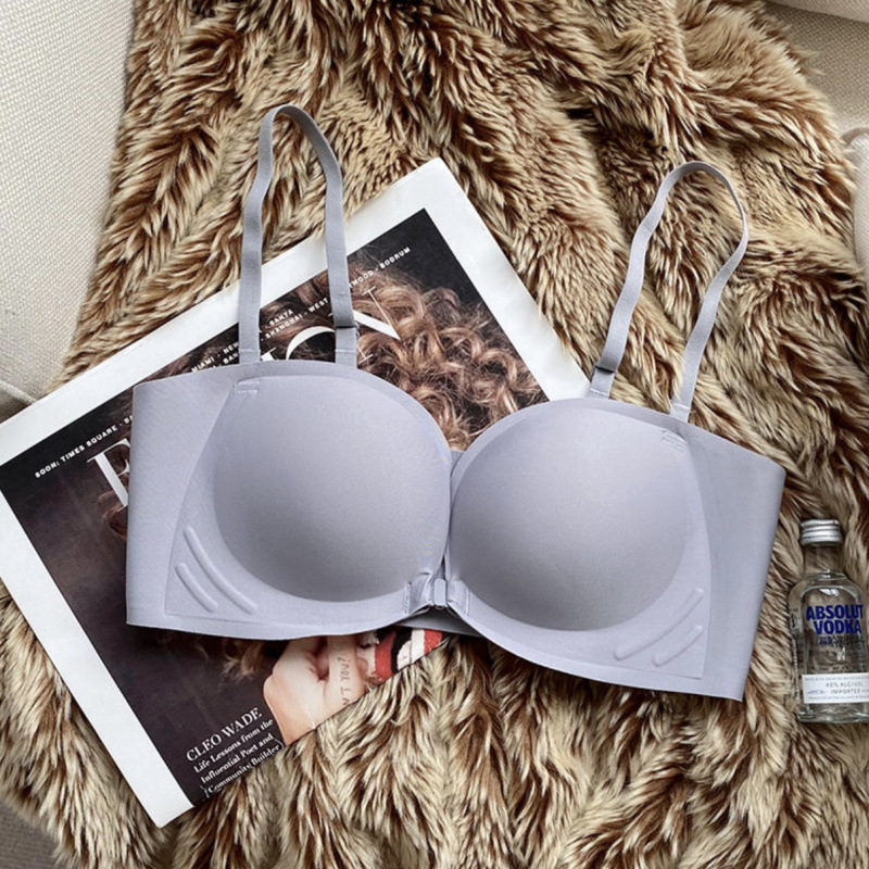 女性用ストラップレスブラ、滑り止め、プッシュアップ、小さな胸が大きく見える、フロントボタン、美しい背中、薄い、厚い、シームレス、ノンワイヤーブラジャー|undefined