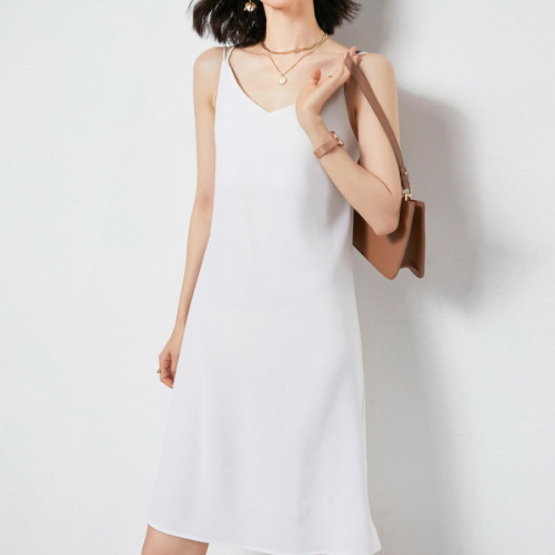 Silk Satin Straps Dress 2025 Summer Women's New Slimming V-Neck Simple Elegant Medium-Length Dress