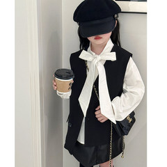 Children's jacket vest 2024 spring new style girl's black personalized back hollow vest outerwear top one-piece drop shipping